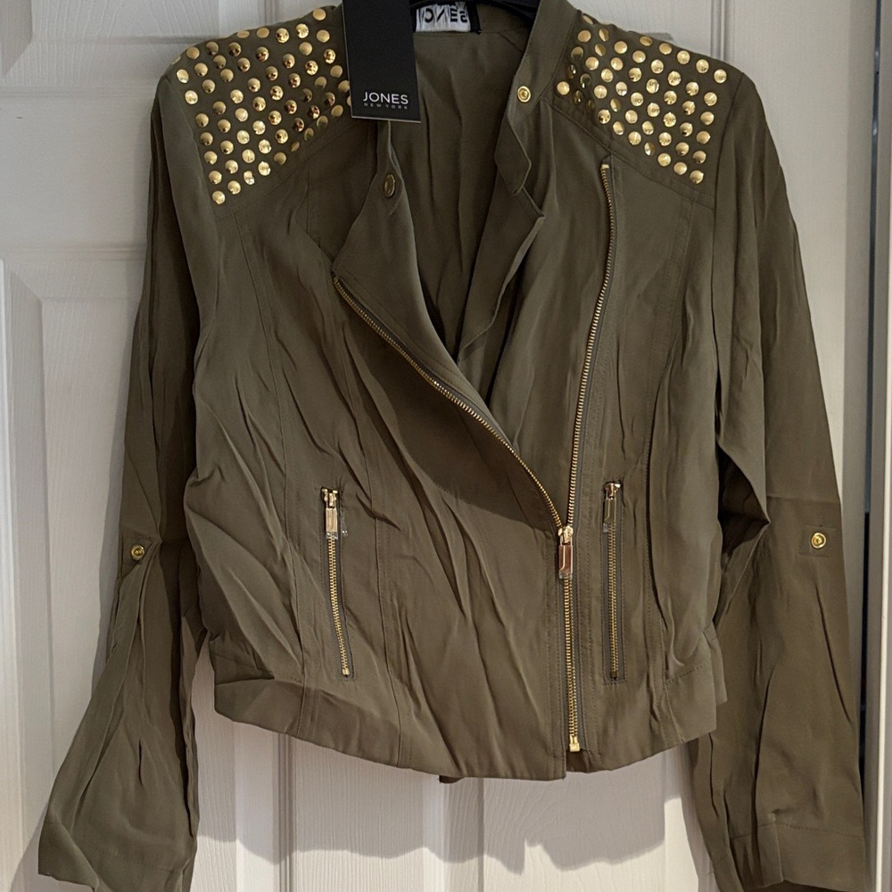 Jones New York Olive Bomber Jacket with Gold Studs